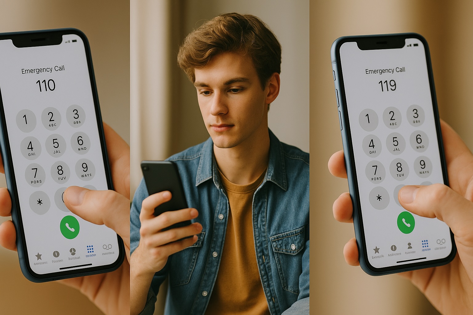 Phone screen showing emergency numbers 110 and 119 in Taiwan